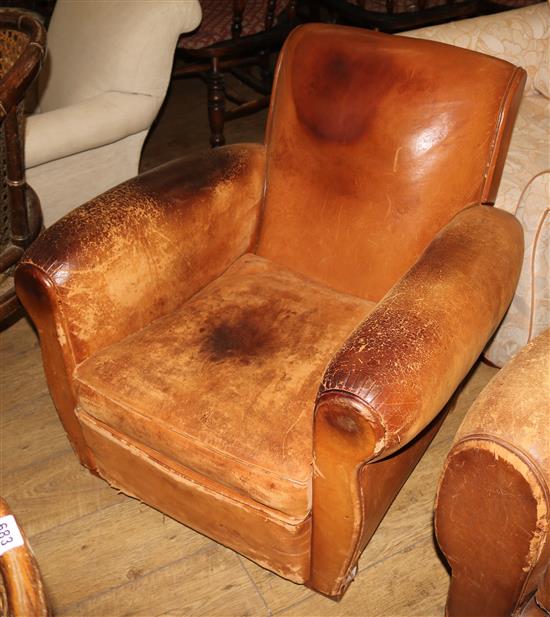 A 1940s French tan leather club armchair, W.79cm H.76cm L.86cm